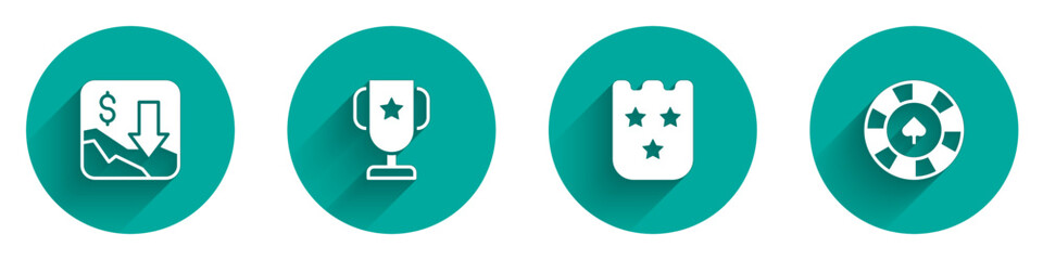 Set Financial growth decrease, Casino poker trophy cup, Lottery ticket and chips icon with long shadow. Vector