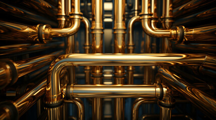 The system and network of gold-plated pipes. These pipes are connected to form a large system.

