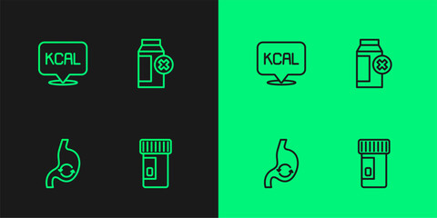 Set line Vitamins, Human stomach health, Kcal and Lactose intolerance icon. Vector