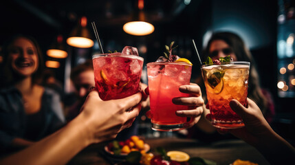 Group of friends are relaxing at a party and drinking cocktails.