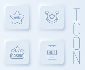 Set line Casino win, Horseshoe, signboard and Online sports betting. White square button. Vector