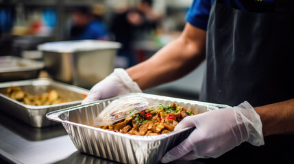 Food for charity. A volunteer prepares food for charity.