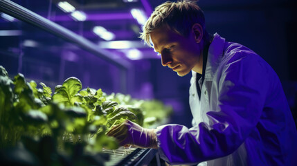 Male farmer checks lettuce leaves in a greenhouse under ultraviolet light.