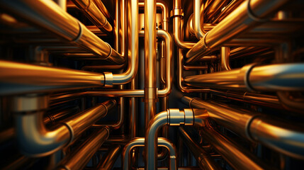 The system and network of gold-plated pipes. These pipes are connected to form a large system.
