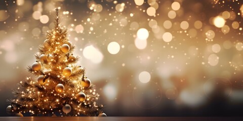 Fototapeta na wymiar Christmas Tree With gold Baubles close-up against backdrop of golden sparkling Christmas lights. Wide format banner. Background with atmosphere of celebration and magic
