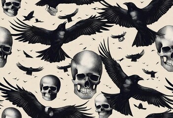 pattern skull, raven, skull bones. Vector Halloween. illustration
