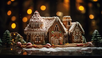Photo of a festive display of gingerbread houses illuminated by Christmas lights