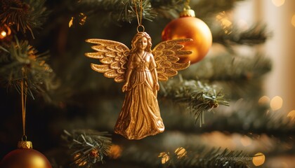 Photo of a golden angel ornament hanging from a beautifully decorated Christmas tree