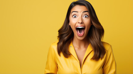 Young woman wearing casual clothes shocked with surprise and amazed expression on yellow background
