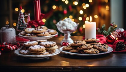 Photo of a table with cookies and a lit candle