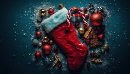 Photo of a festive Christmas stocking surrounded by candy canes and ornaments