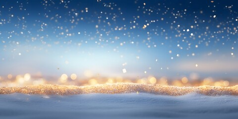 Festive Christmas natural snowy landscape, abstract empty stage, background with snow, snowdrift and defocused Christmas lights. Blue and yellow Golden Christmas lights against blue sky, copy space