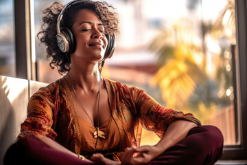 Woman listening music, nature sounds in headphones