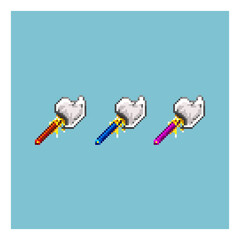 Pixel art sets of axe weapons items asset. red,blue,and purple beautiful axe on pixelated style.8bits perfect for game asset or design asset element for your game design asset.