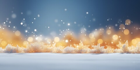 Festive Christmas natural snowy landscape, abstract empty stage, background with snow, snowdrift and defocused Christmas lights. Blue and yellow Golden Christmas lights against blue sky, copy space