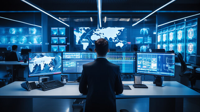 Expert AI Developer Collaborating with Diverse Technical Team in a Futuristic Control Room with Advanced Surveillance Systems and Multi-Screen Displays