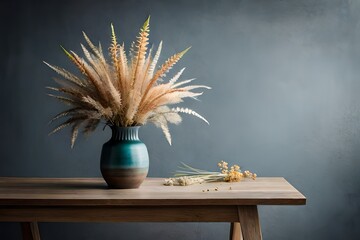 A vase with dried flowers standing on a table near a gray wall A vase with dried flowers standing on a table near a gray wall