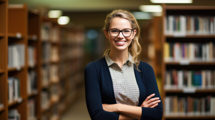 Female student standing in front of book shelves in college library - obrazy, fototapety, plakaty