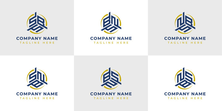 Letter SBN, SNB, BSN, BNS, NSB, NBS Hexagonal Technology Logo Set. Suitable for any business.