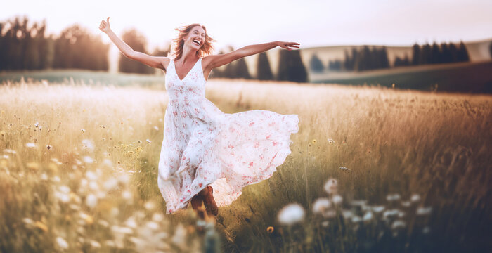 immagine con giovane donna che corre in un prato estivo fiorito, luce tramonto