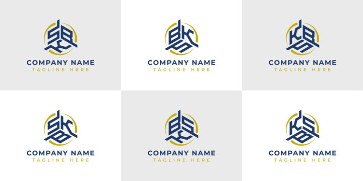 Letter SBK, SKB, BSK, BKS, KSB, KBS Hexagonal Technology Logo Set. Suitable for any business.