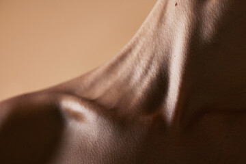 Skincare, textures and closeup with neck of person in studio for health, beauty and cosmetics. Wellness, body and aesthetic with zoom of woman on brown background for glow dermatology and glamour