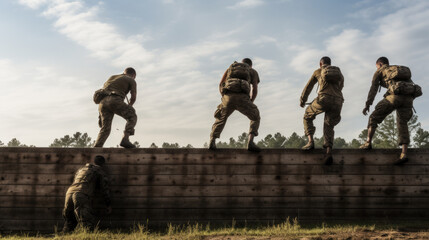 Military personnel go through an obstacle course during training