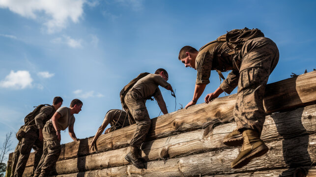 Military personnel go through an obstacle course during training