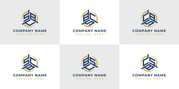 Letter SBC, SCB, BSC, BCS, CSB, CBS Hexagonal Technology Logo Set. Suitable for any business.