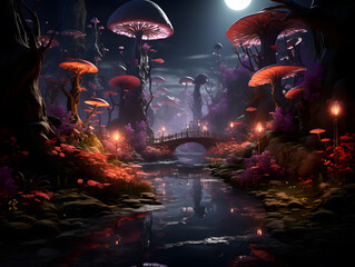 Fantasy landscape with fantasy mushrooms forest  and moon. 3d illustration.