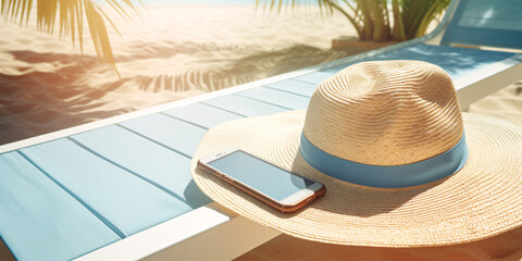Travel accessories for a summer trip a hat put away and a smartphone laid out on a deck chair. Generative Ai