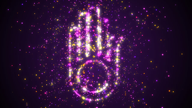 Abstract Religion Purple Colorful Shiny Jainism Symbol Hand With A Wheel On The Palm Dotted Lines Silhouette With Glitter Sparkle Particles