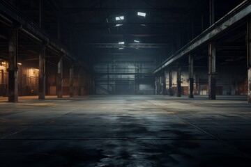 Empty industrial warehouse interior with dim lighting
