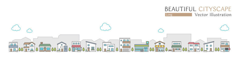 シンプルなお店や住宅が並ぶ美しい街並みのベクターイラスト