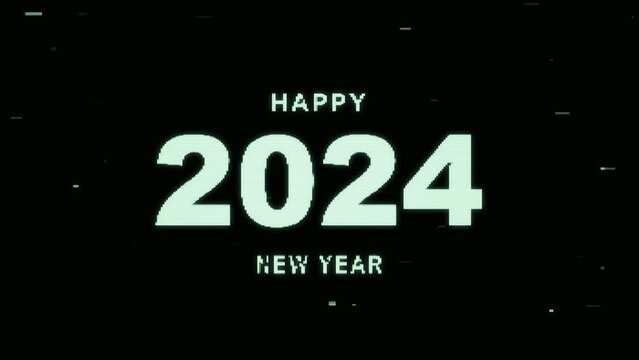 Happy New year 2024 with glitch noise static television CTR. Visual video effects stripes background. 2024 happy new year.