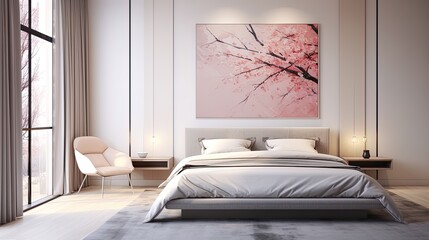 A luxurious modern minimalist bedroom with soft colors, generated by AI