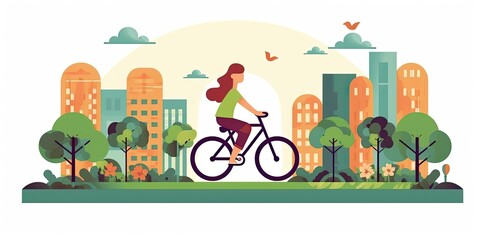 Girl dressed in t-shirt and tight pants riding a bicycle through the city. Color vector illustration in flat style.