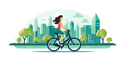 Girl dressed in t-shirt and tight pants riding a bicycle through the city. Color vector illustration in flat style. - obrazy, fototapety, plakaty
