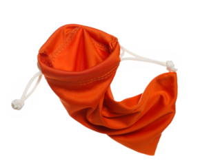Orange blank drawstring pouch for sunglasses in fly isolated on white, clipping  