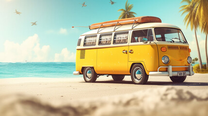 yellow van with summer accessories on the beach