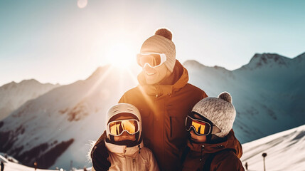 happy family on a ski holiday - obrazy, fototapety, plakaty