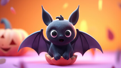 Halloween design concept. 3d cute black bat character on blurred background with halloween ornament