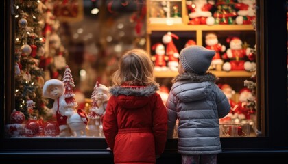 Photo of two children mesmerized by a festive Christmas window display