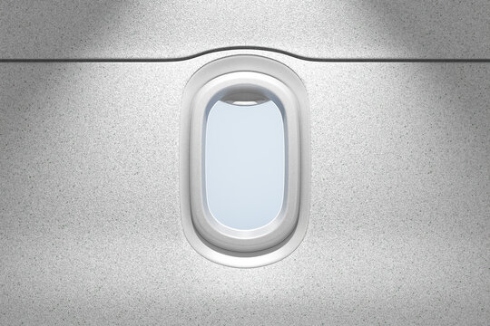 Rendering of a photorealistic mockup of an airplane window in 3D.