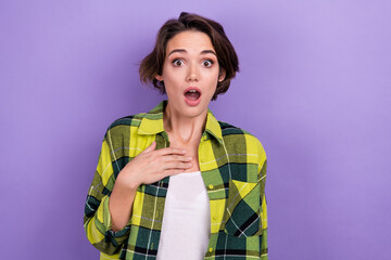 Photo of young stupor woman staring hand chest shock impressed wear stylish shirt watch scared news...
