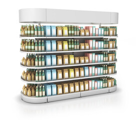 Metal showcase with shelves and goods on them. 3d illustration