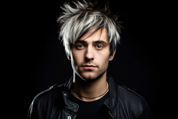 Obraz premium Portrait of a Young Man in a Biker Leather Jacket With Dyed White Strands of Hair on a Black Background