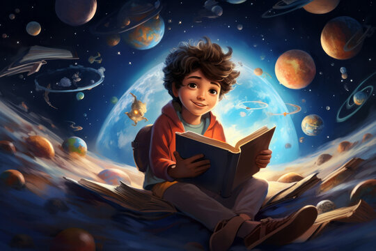 Cute cartoon character kid reading book on cosmic space background with flying planets. Learning studying concept