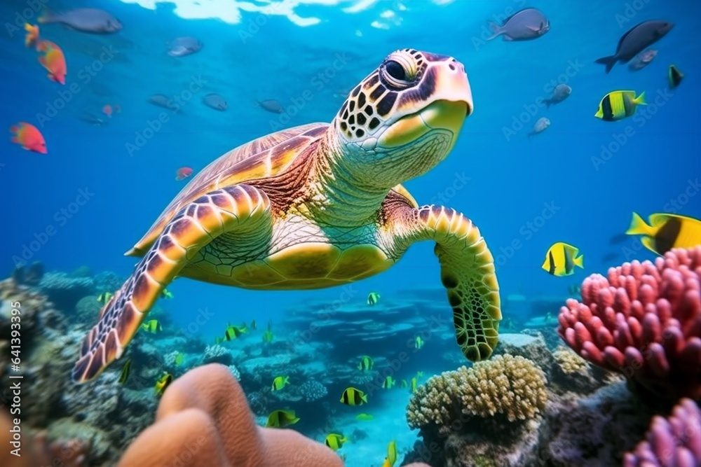 Wall mural a swimming turtle amidst a coral reef - Wall murals