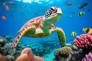 Obraz na płótnie Canvas A swimming turtle amidst a coral reef